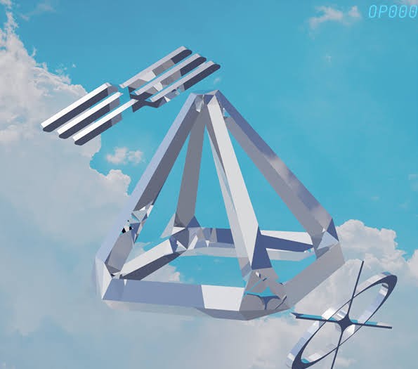 chrome pyramid station floating in a blue sky