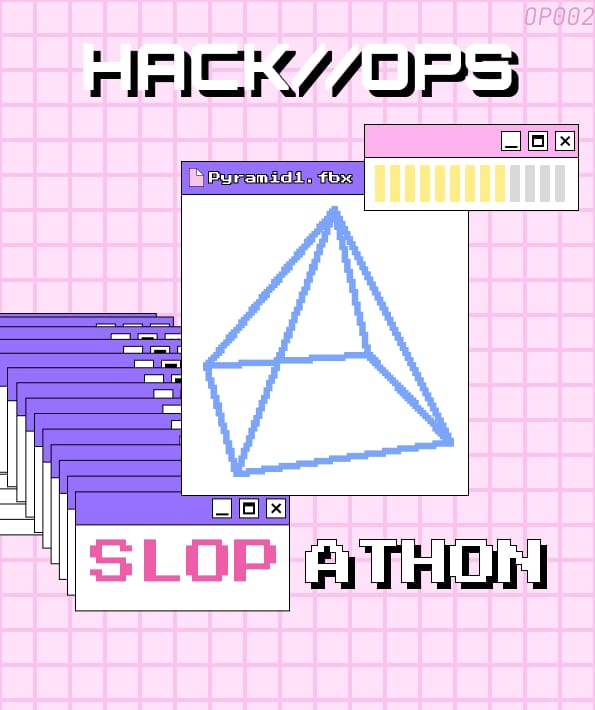 op002 slopathon poster: pink desktop windows with a wireframe pyramid