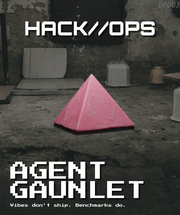 op003 agent gauntlet poster: pink pyramid in a concrete room